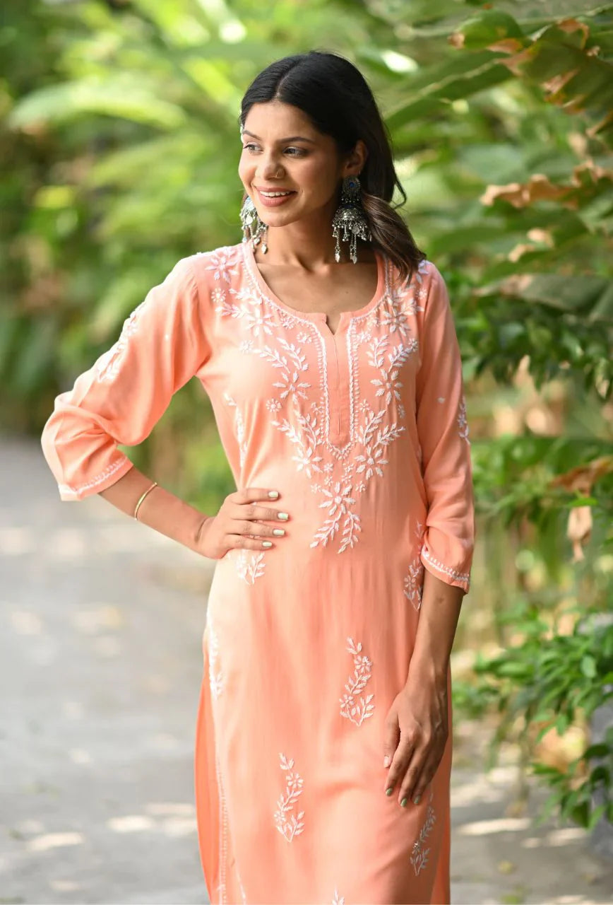 Peach-Cotton-Chikankari-Kurta-Only