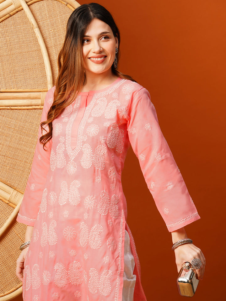 Peach-Cotton-Embroidered-Chikankari-Kurta-Only