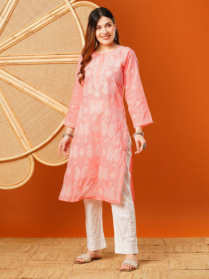 Peach-Cotton-Embroidered-Chikankari-Kurta-Only