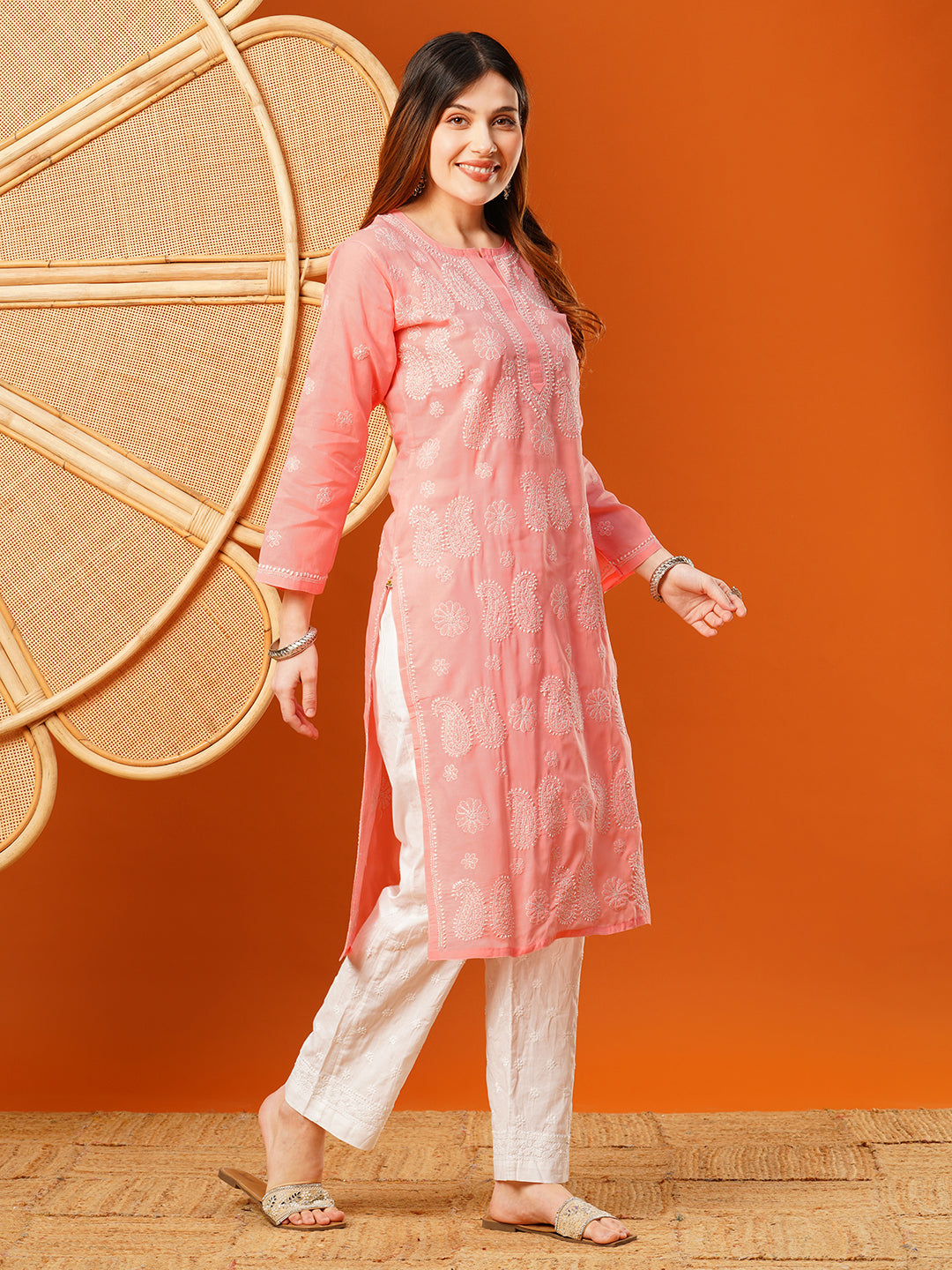 Peach-Cotton-Embroidered-Chikankari-Kurta-Only