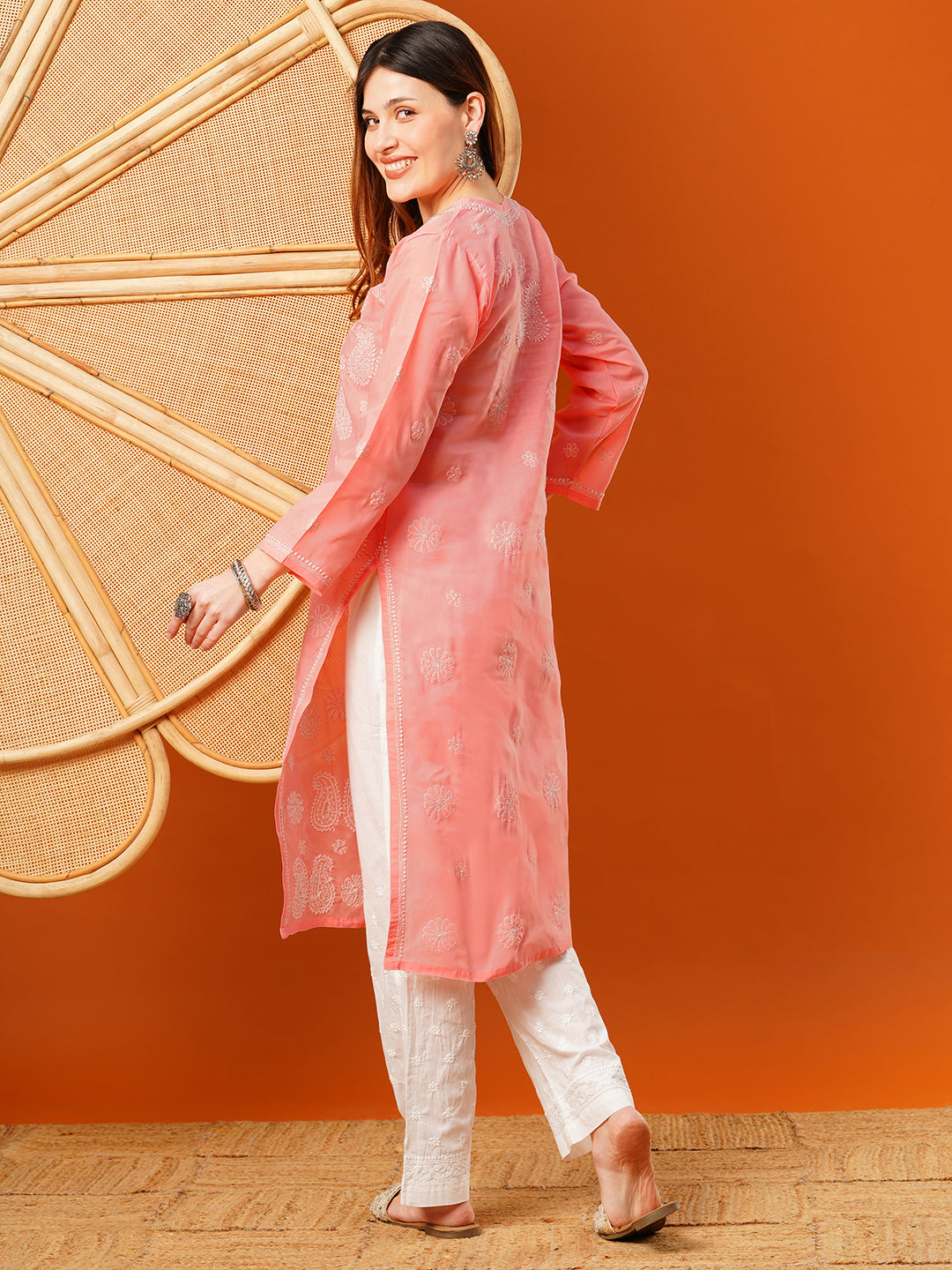 Peach-Cotton-Embroidered-Chikankari-Kurta-Only