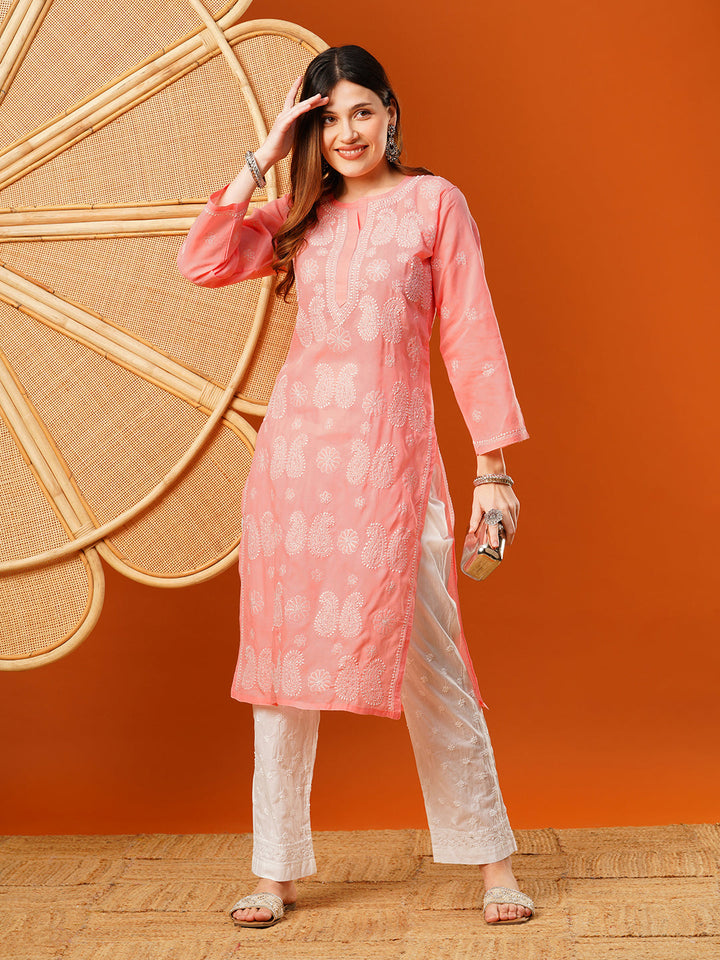 Peach-Cotton-Embroidered-Chikankari-Kurta-Only