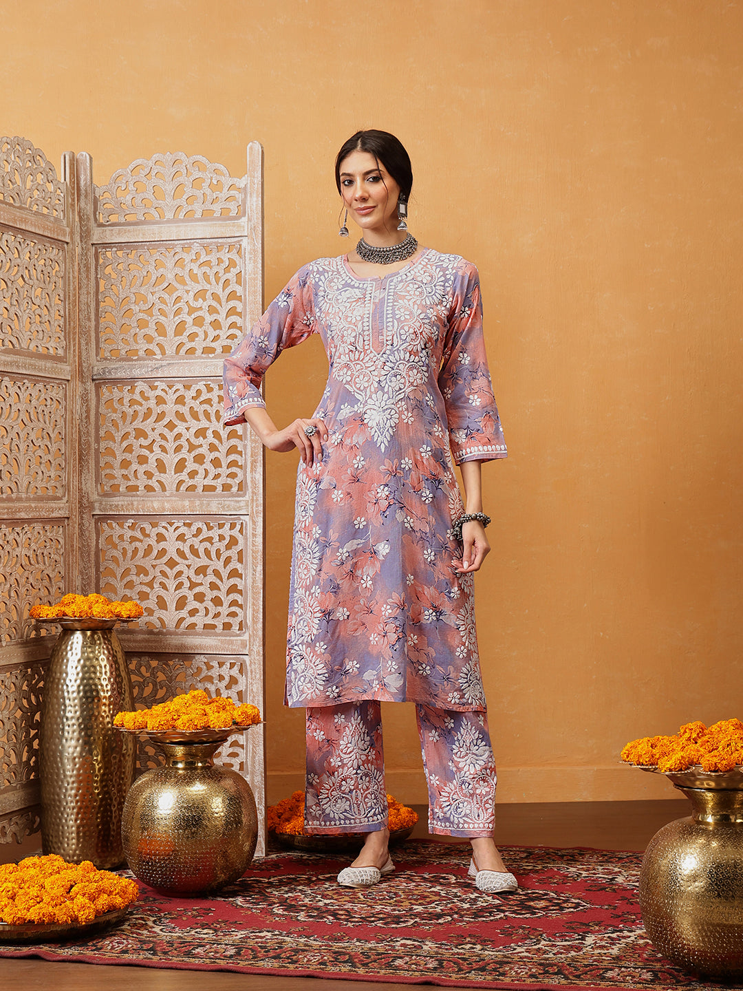 Peach-Cotton-Lucknowi-Chikankari-Printed-Kurta-Set