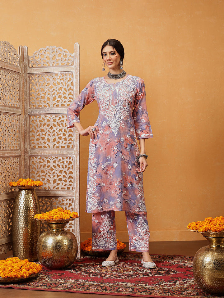 Peach-Cotton-Lucknowi-Chikankari-Printed-Kurta-Set
