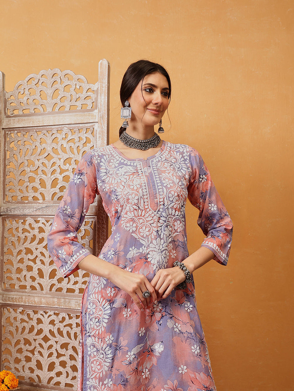 Peach-Cotton-Lucknowi-Chikankari-Printed-Kurta-Set