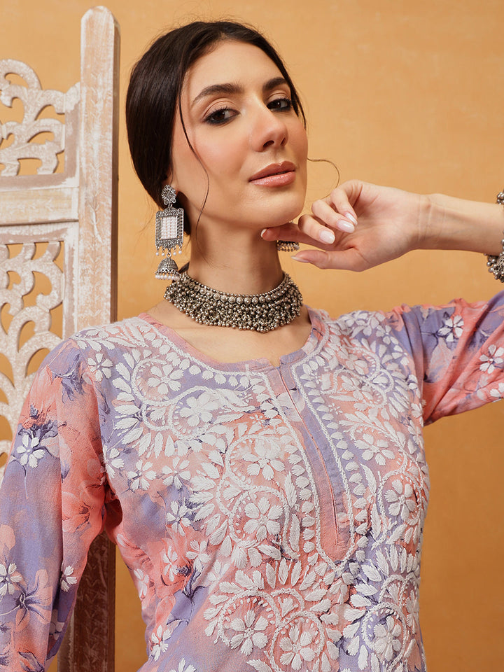 Peach-Cotton-Lucknowi-Chikankari-Printed-Kurta-Set