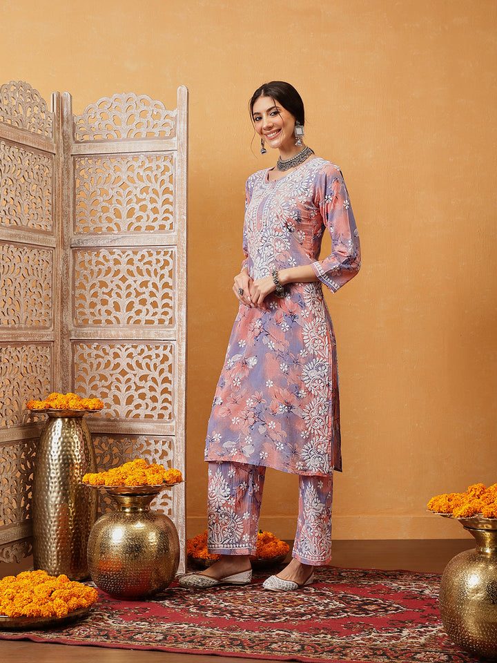 Peach-Cotton-Lucknowi-Chikankari-Printed-Kurta-Set