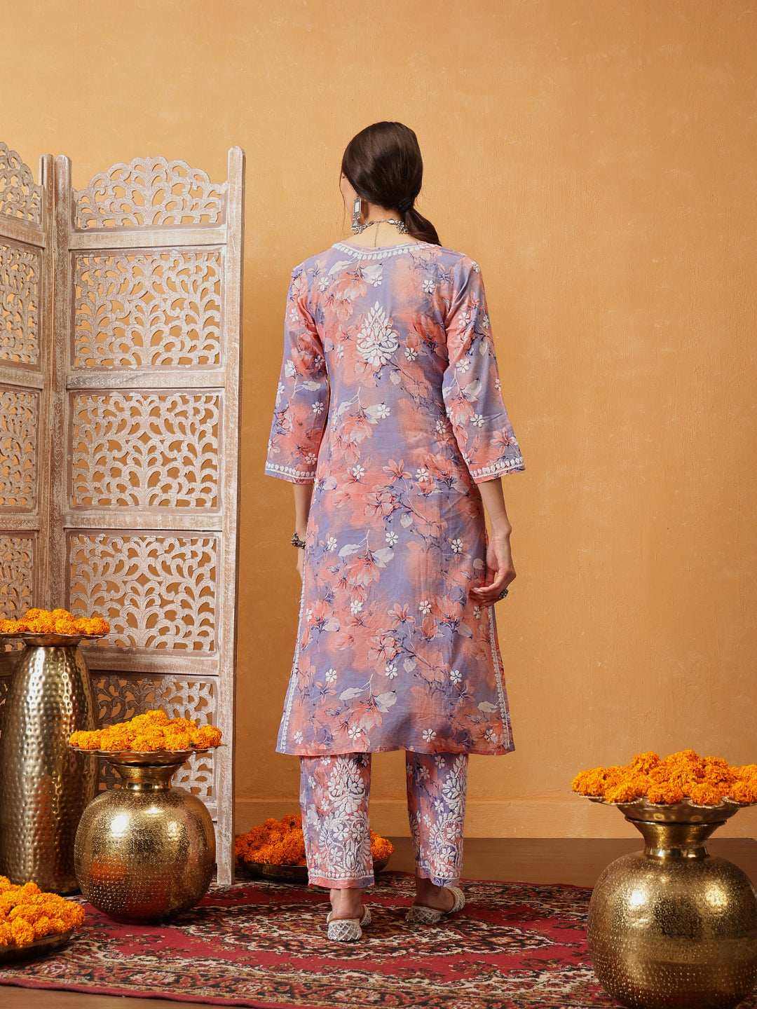 Peach-Cotton-Lucknowi-Chikankari-Printed-Kurta-Set