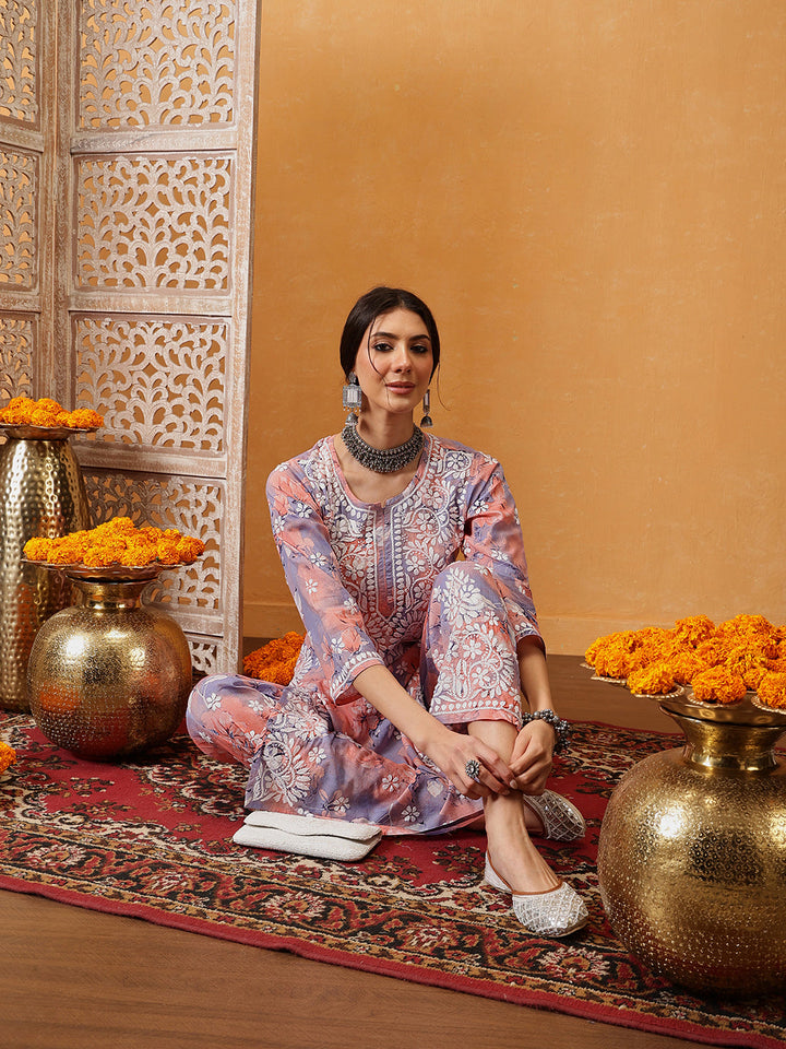 Peach-Cotton-Lucknowi-Chikankari-Printed-Kurta-Set