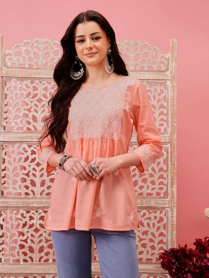 Peach-Cotton-Lucknowi-Chikankari-Short-Kurta-ONLY