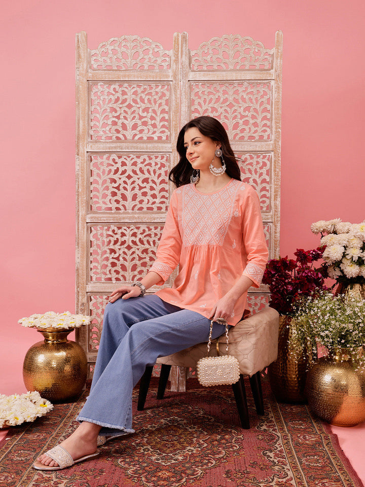 Peach-Cotton-Lucknowi-Chikankari-Short-Kurta-ONLY