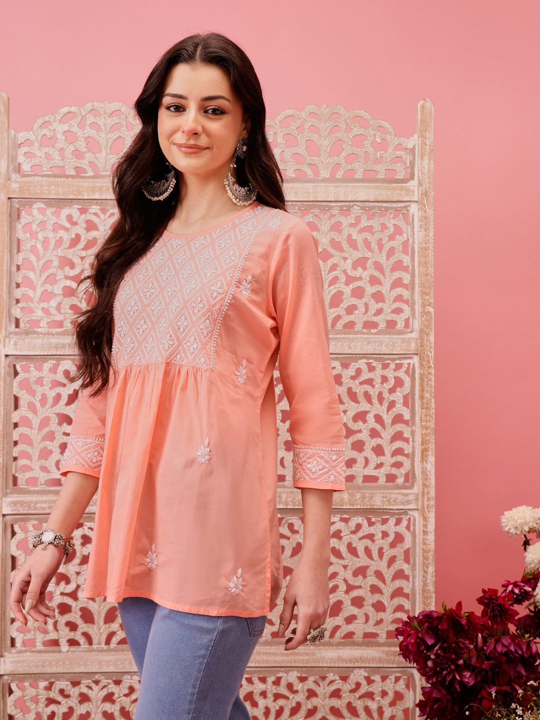 Peach-Cotton-Lucknowi-Chikankari-Short-Kurta-ONLY