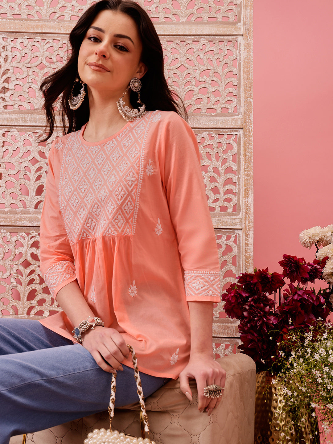 Peach-Cotton-Lucknowi-Chikankari-Short-Kurta-ONLY