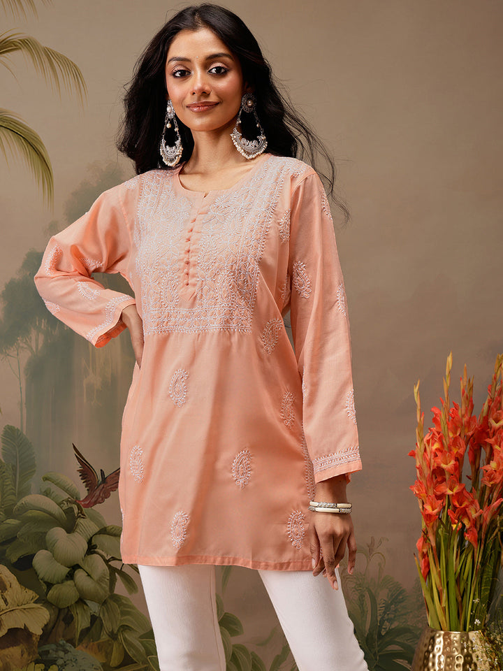 Peach Cotton 100% Original Chikankari Tunic Top