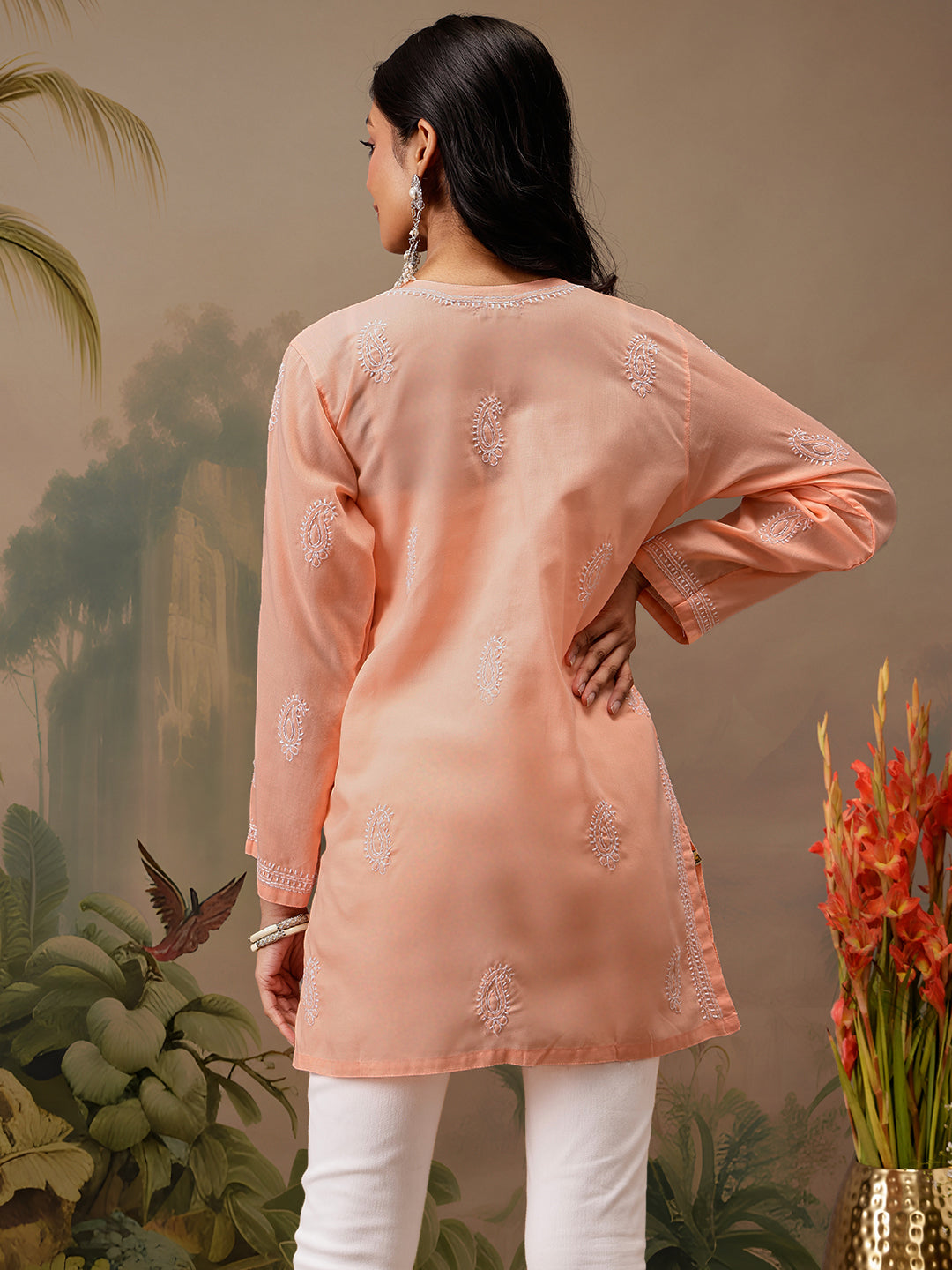 Peach Cotton 100% Original Chikankari Tunic Top