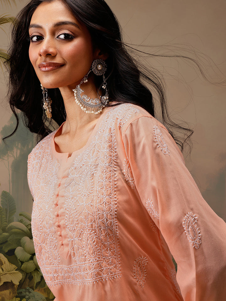 Peach Cotton 100% Original Chikankari Tunic Top