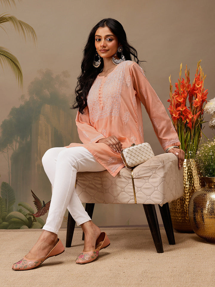 Peach Cotton 100% Original Chikankari Tunic Top