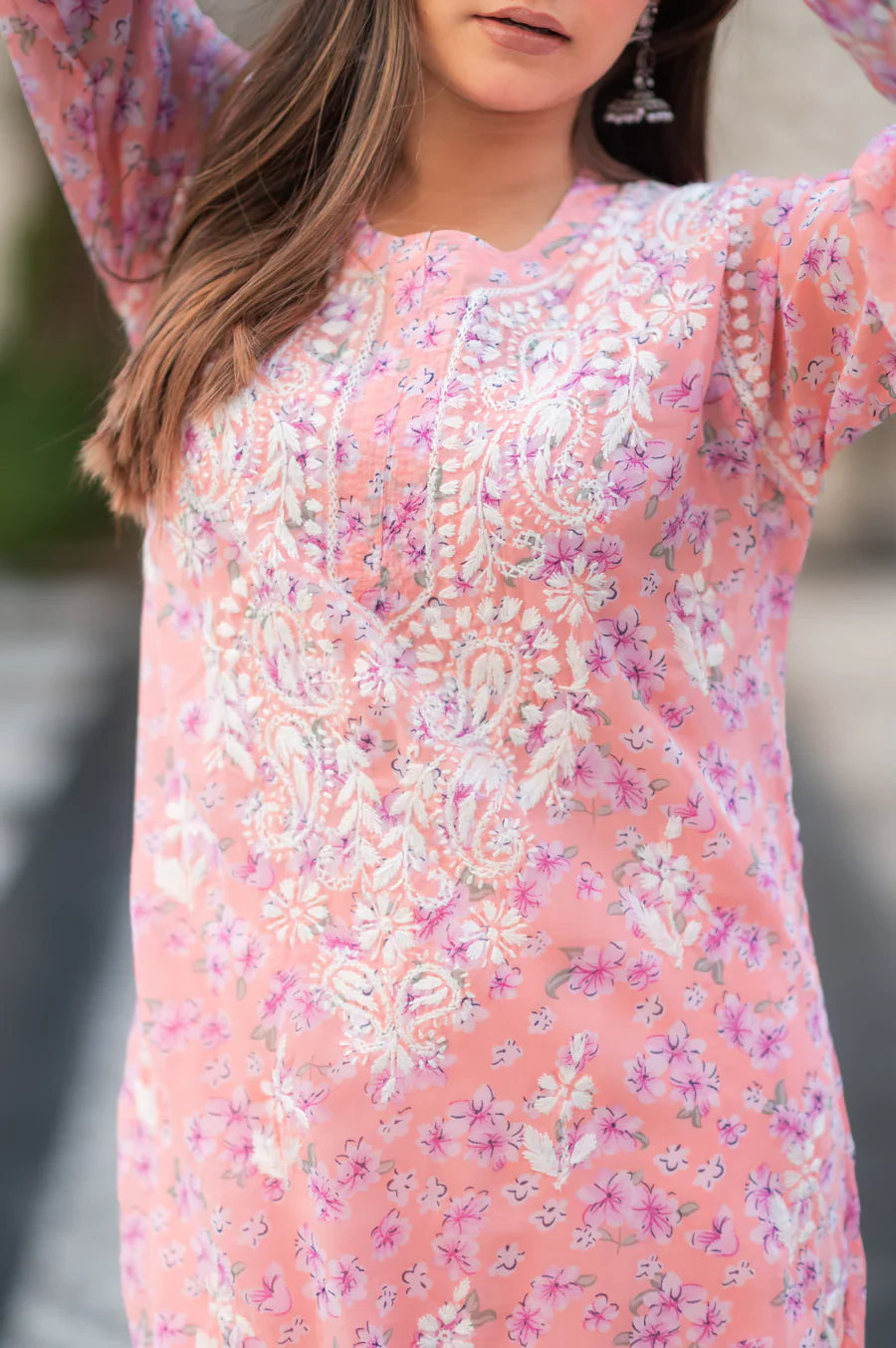 Peach-Georgette-Chikankari-Kurta-With-Slip