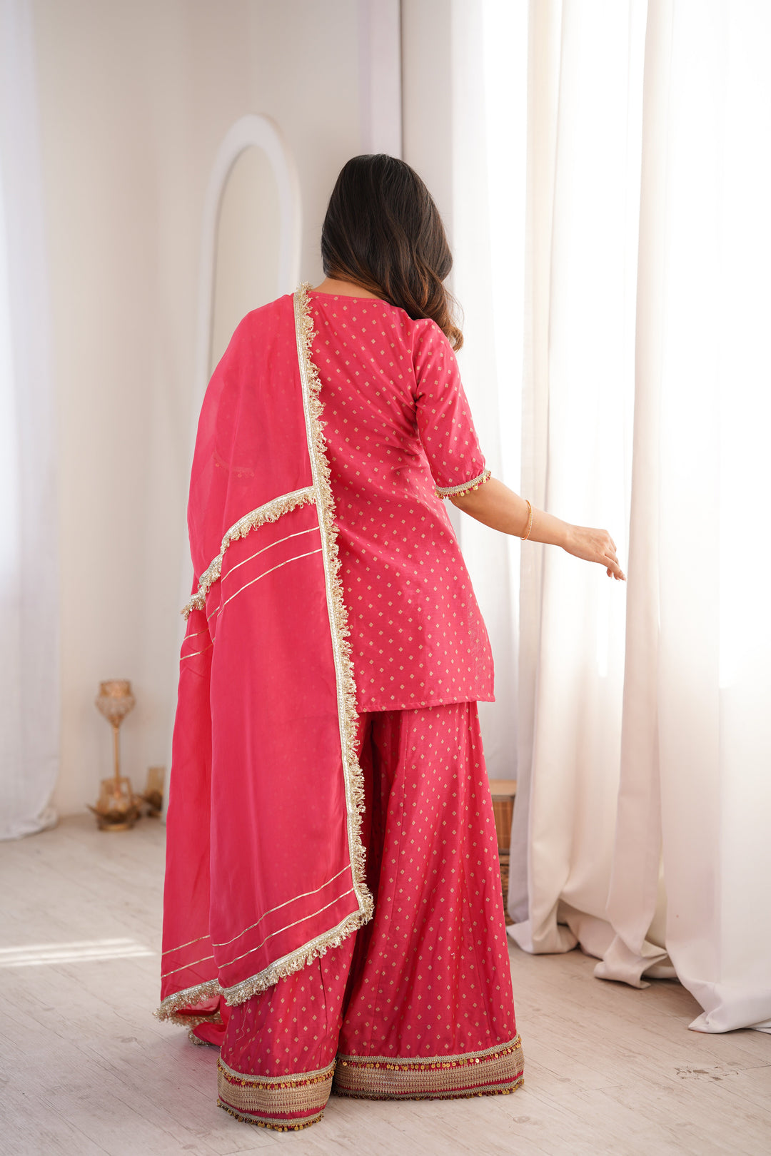 Peach Chanderi Short Kurta with Palazzo Suit Set