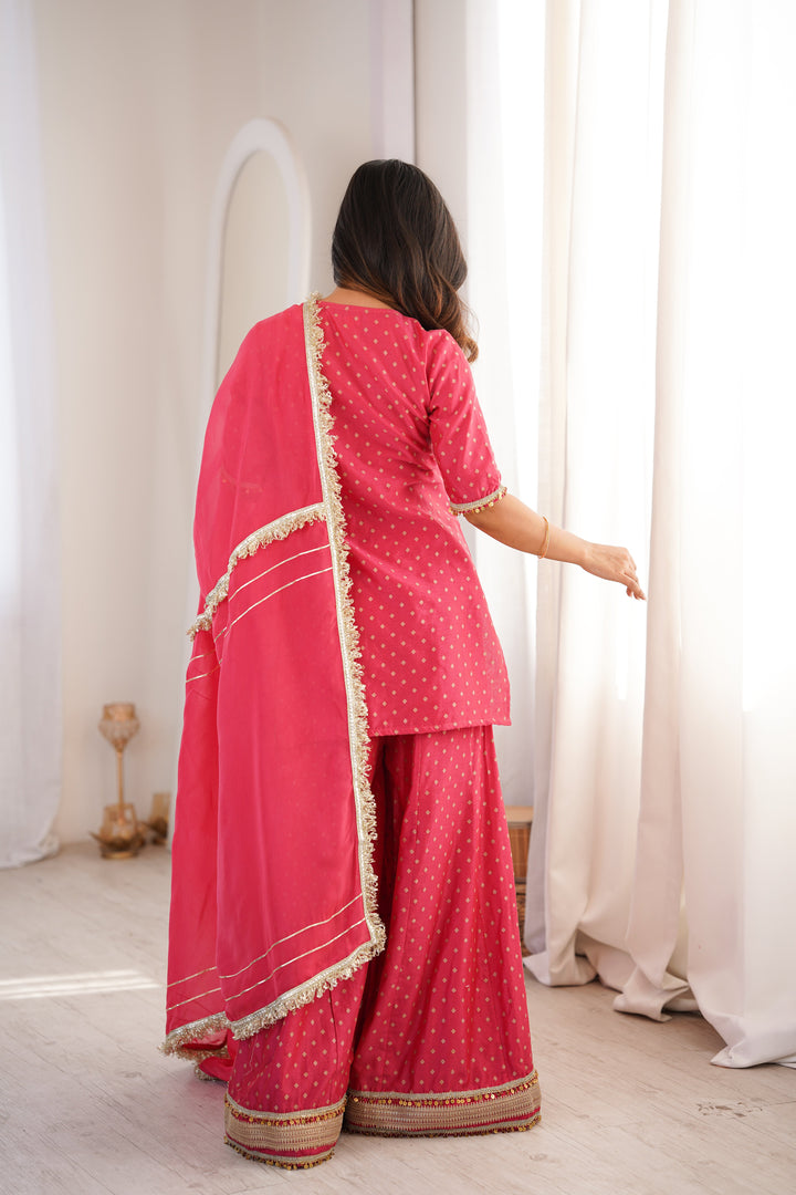 Peach Chanderi Short Kurta with Palazzo Suit Set