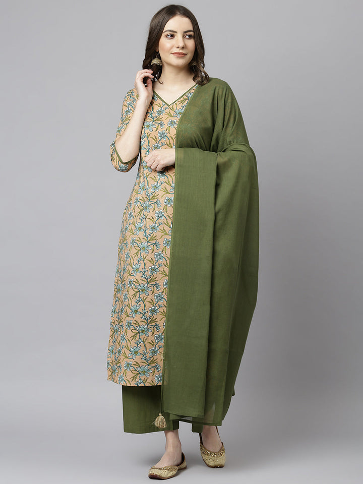 Peach & Green Cotton Floral Print Kurta Suit Set