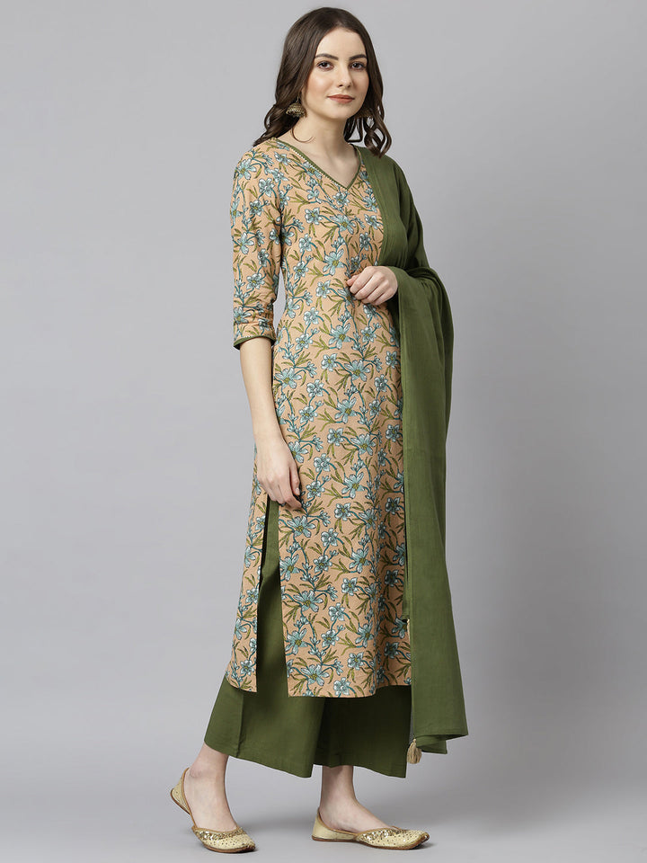 Peach & Green Cotton Floral Print Kurta Suit Set