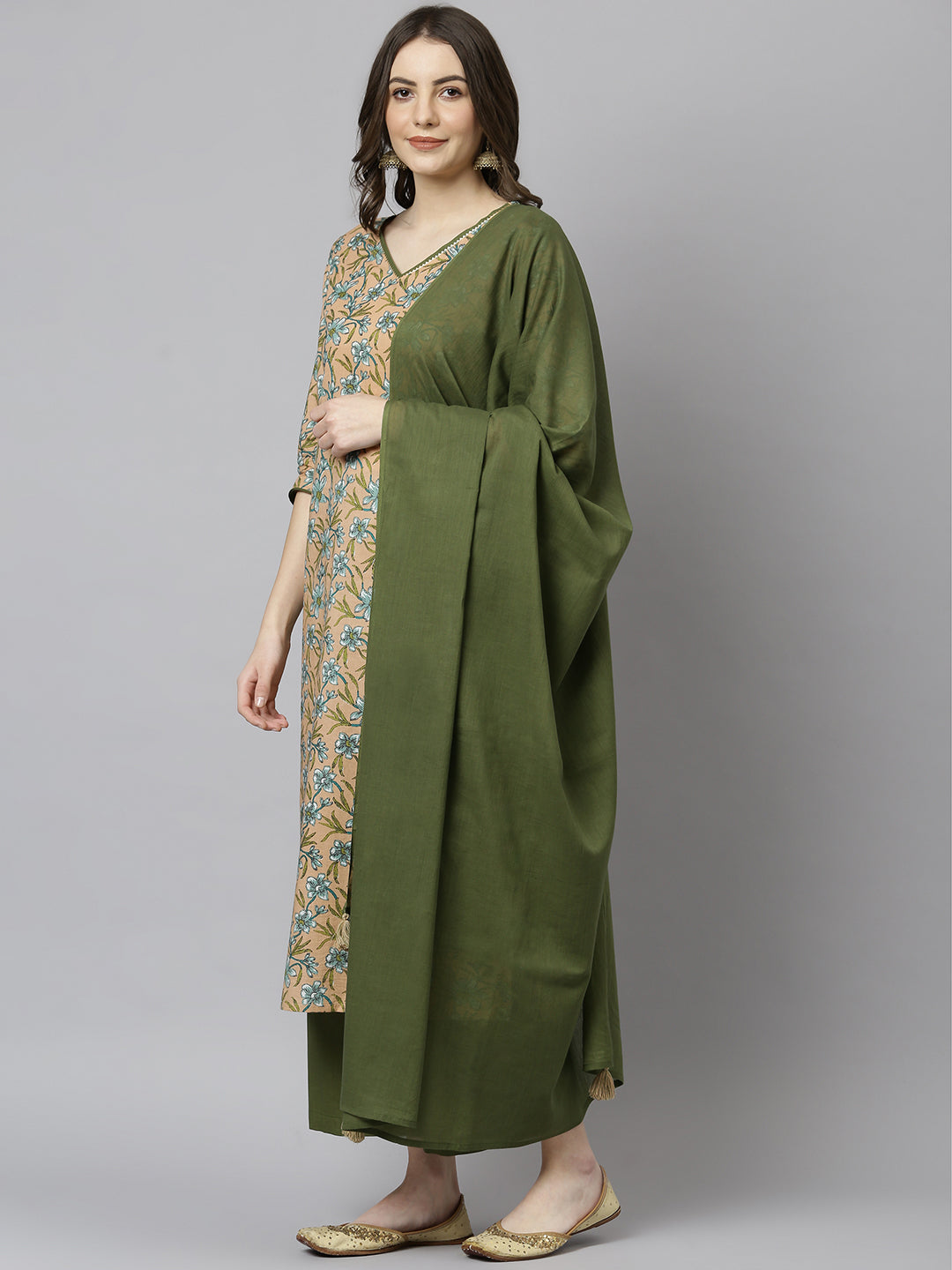 Peach & Green Cotton Floral Print Kurta Suit Set