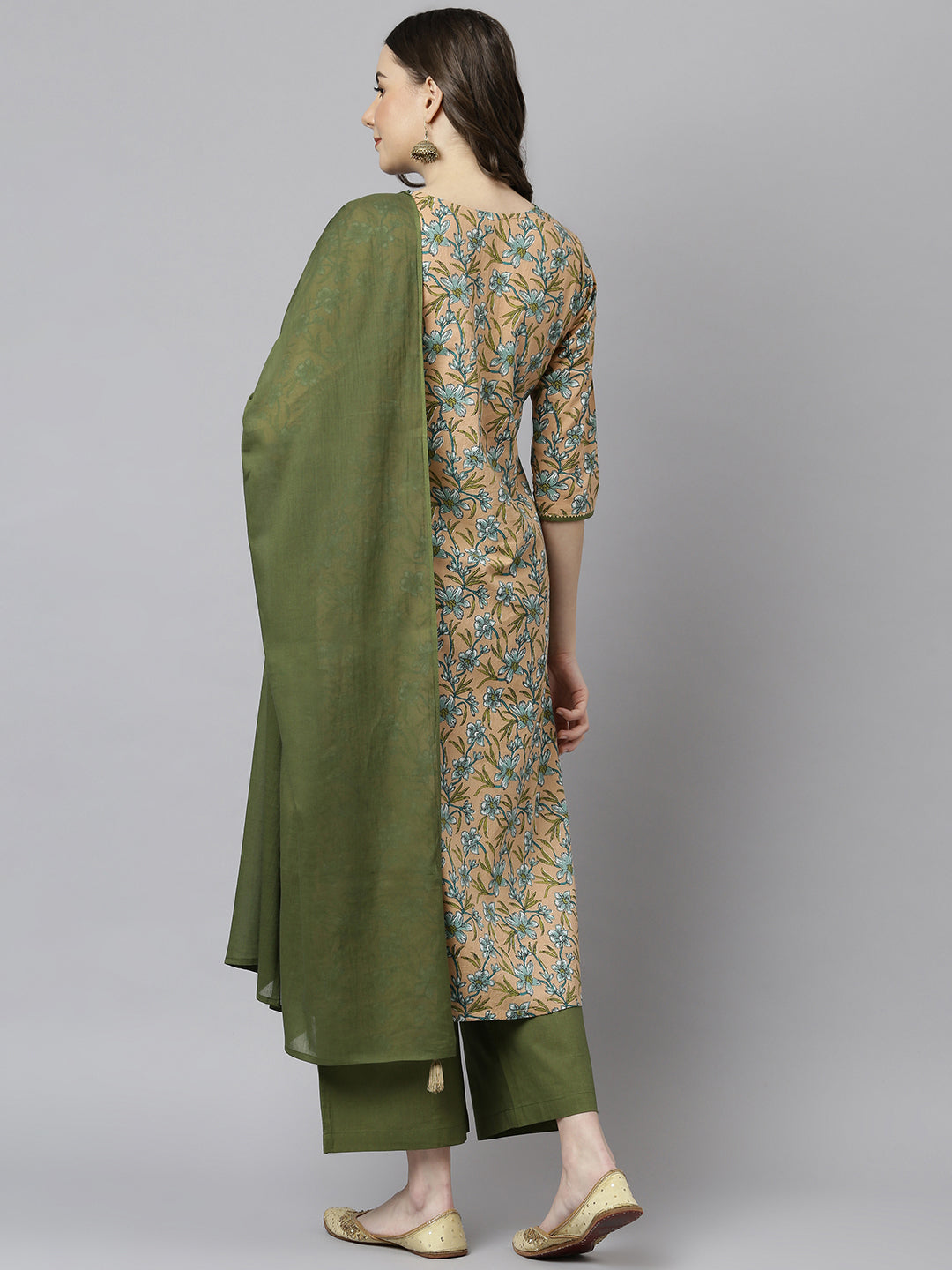 Peach & Green Cotton Floral Print Kurta Suit Set