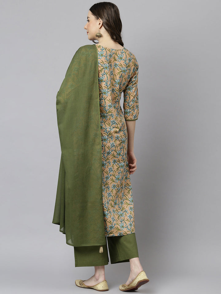 Peach & Green Cotton Floral Print Kurta Suit Set