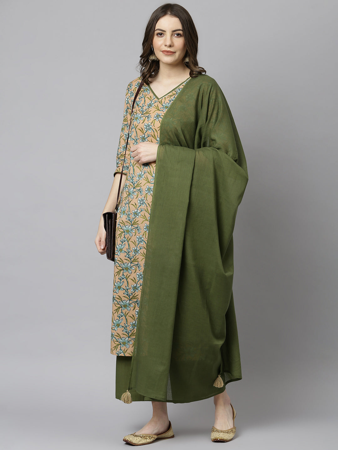 Peach & Green Cotton Floral Print Kurta Suit Set
