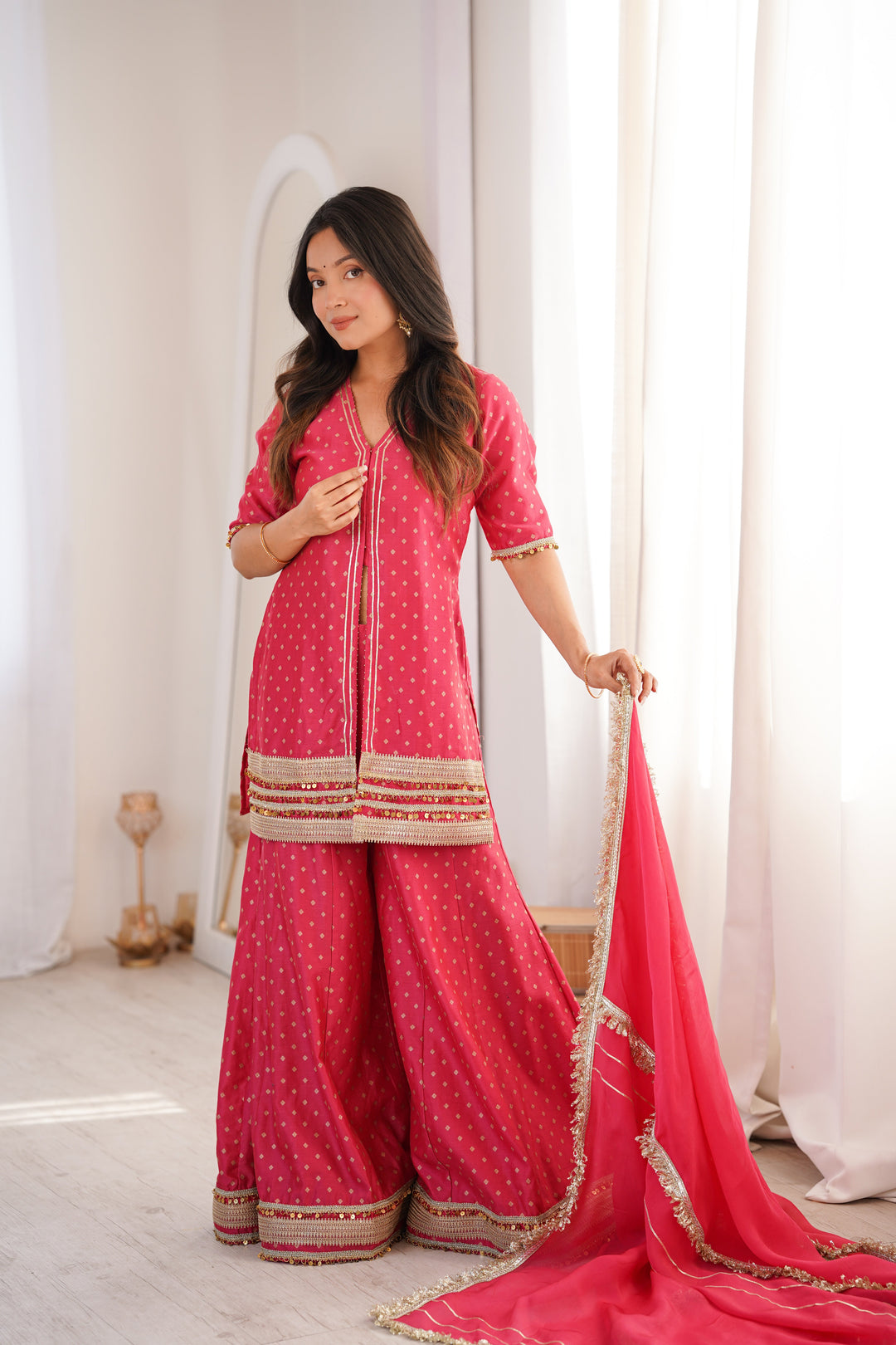 Peach Chanderi Short Kurta with Palazzo Suit Set