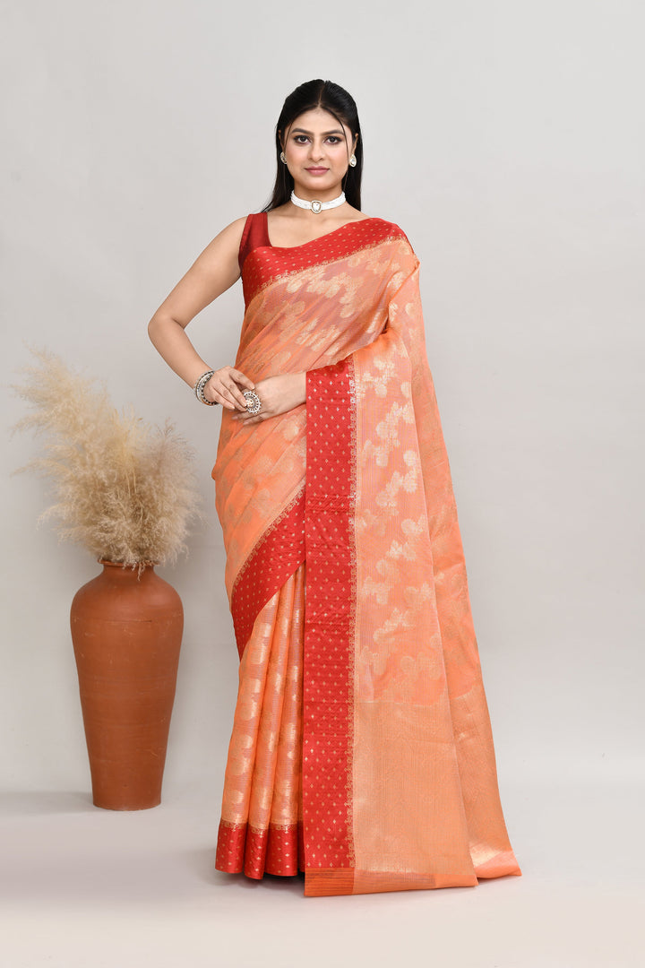 Peach-Kota-Silk-Red-Border-Banarasi-Zari-Work-Saree