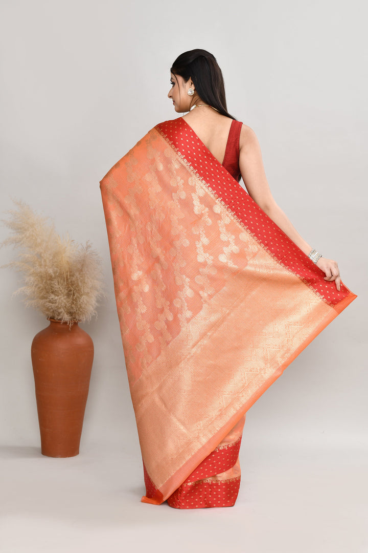 Peach-Kota-Silk-Red-Border-Banarasi-Zari-Work-Saree