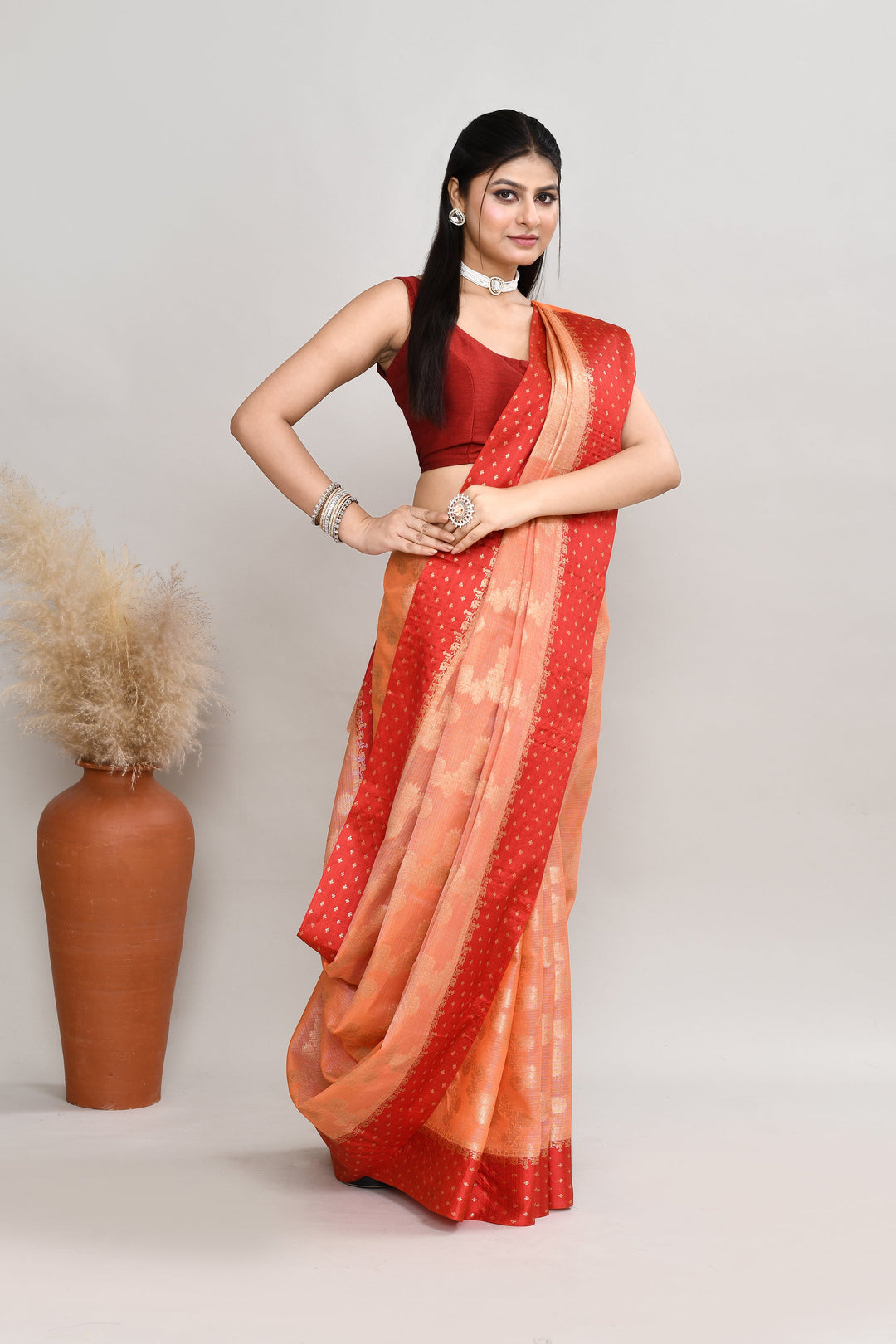 Peach-Kota-Silk-Red-Border-Banarasi-Zari-Work-Saree
