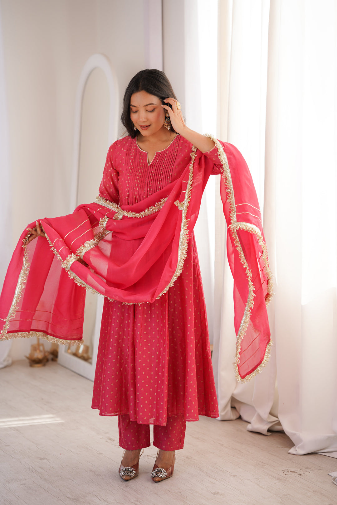 Peach Chanderi Pintucks Anarkali Suit Set