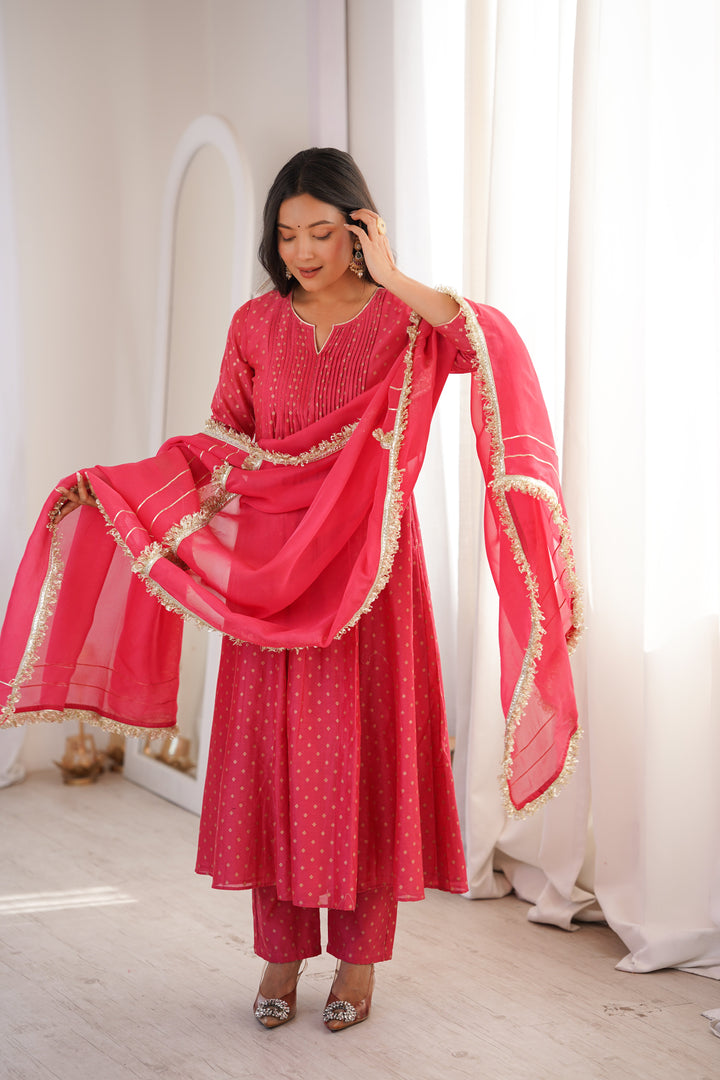Peach Chanderi Pintucks Anarkali Suit Set