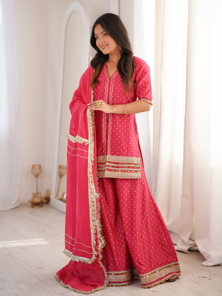 Peach Chanderi Short Kurta with Palazzo Suit Set