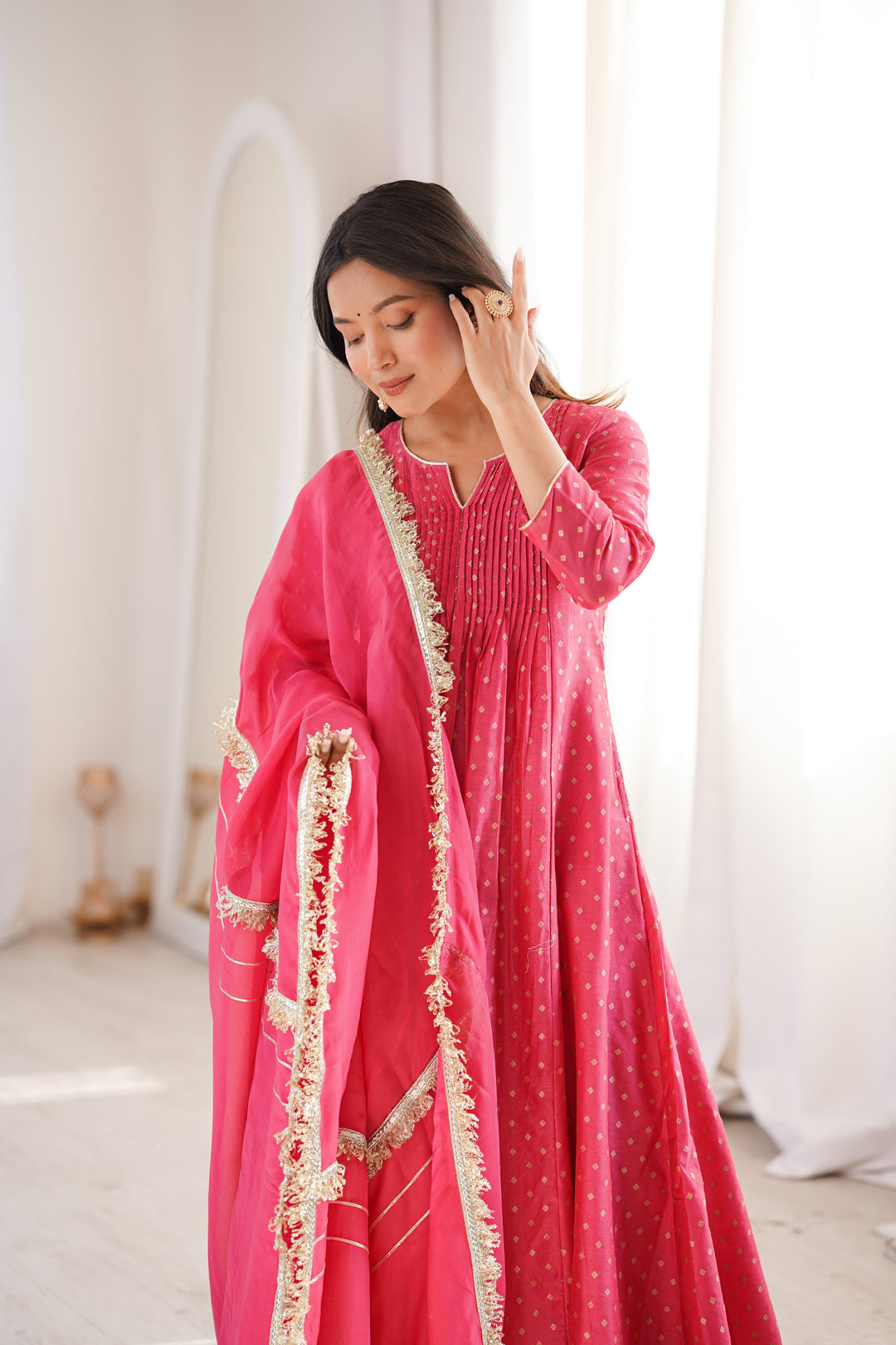 Peach Chanderi Pintucks Anarkali Suit Set
