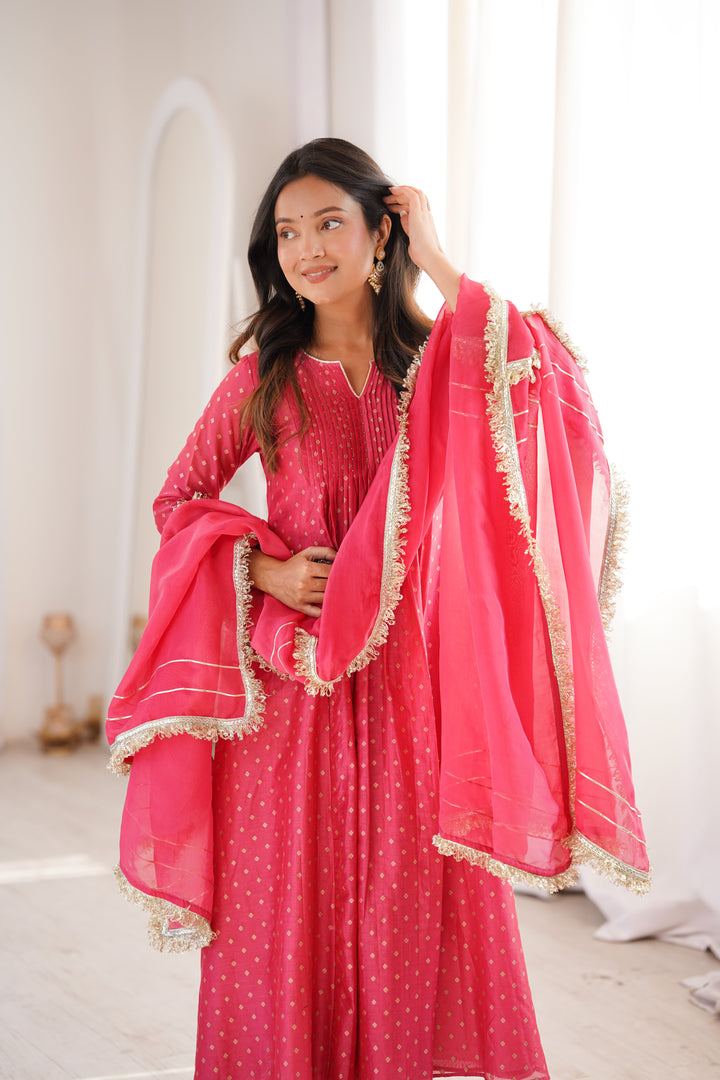 Peach Chanderi Pintucks Anarkali Suit Set