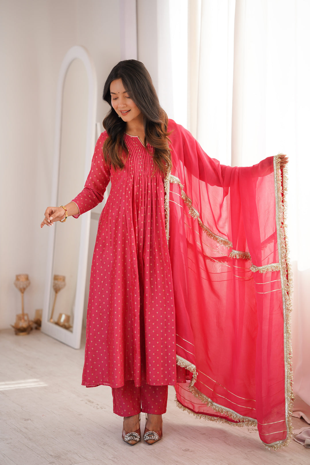 Peach Chanderi Pintucks Anarkali Suit Set