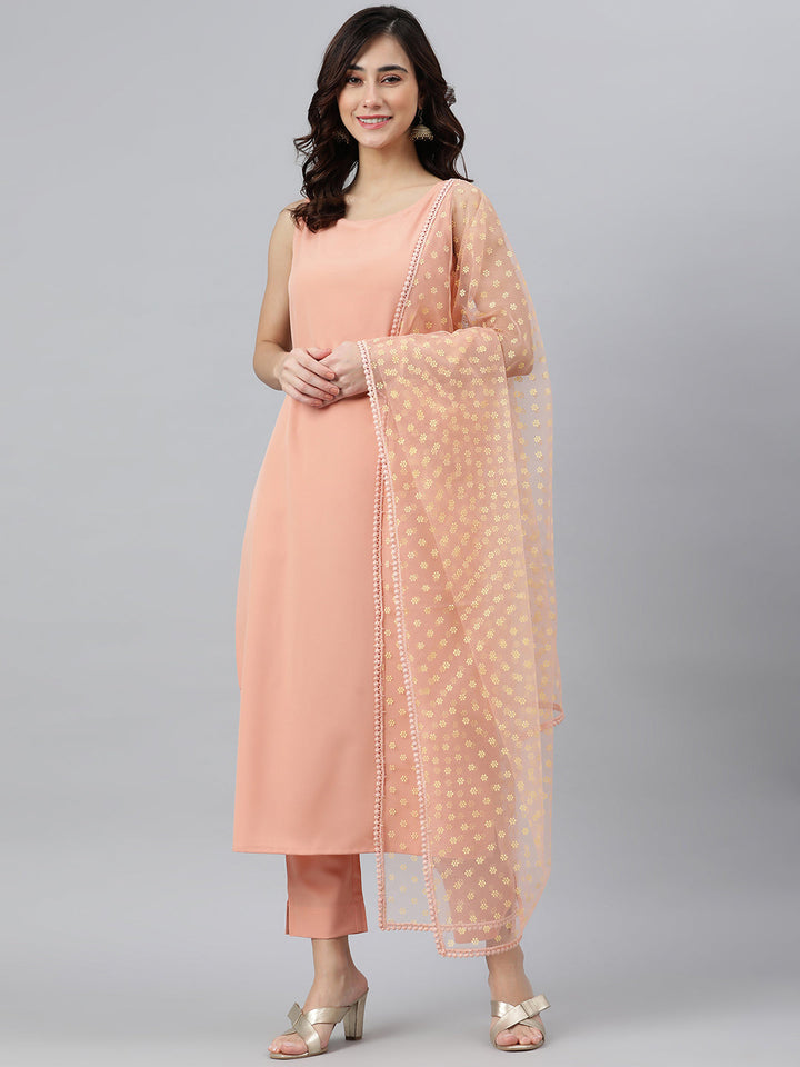 Peach Poly Crepe Solid Kurta Set