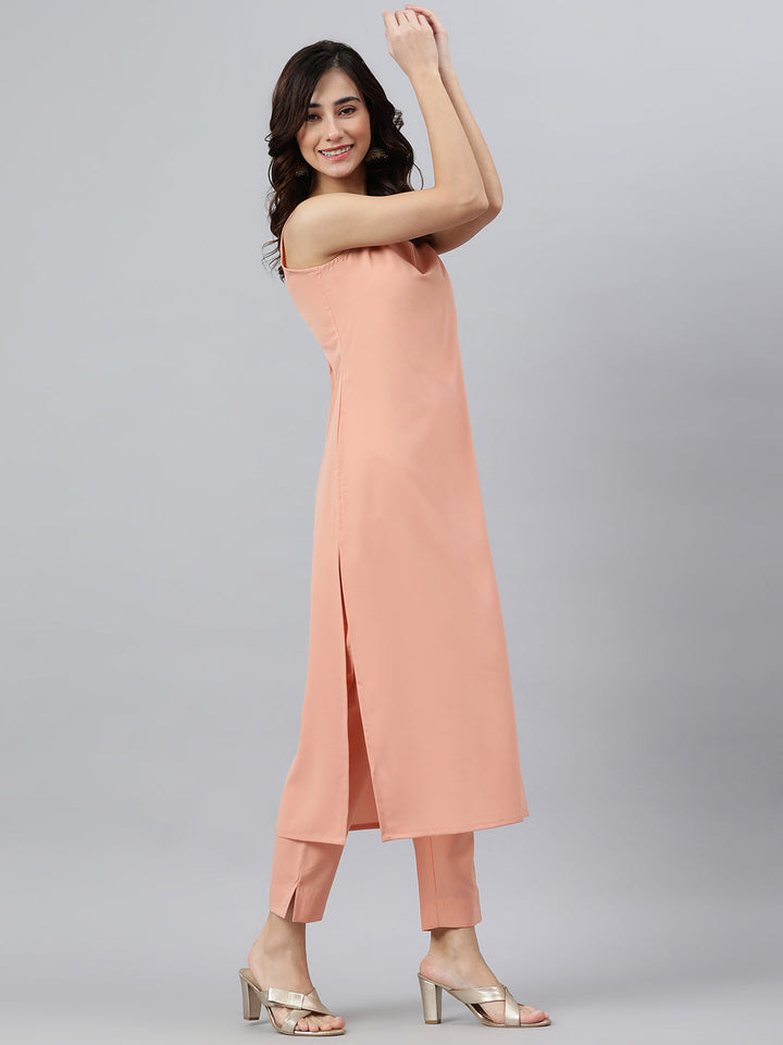 Peach Poly Crepe Solid Kurta Set
