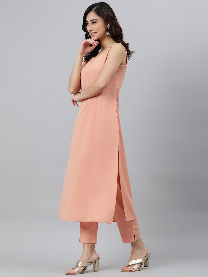 Peach Poly Crepe Solid Kurta Set