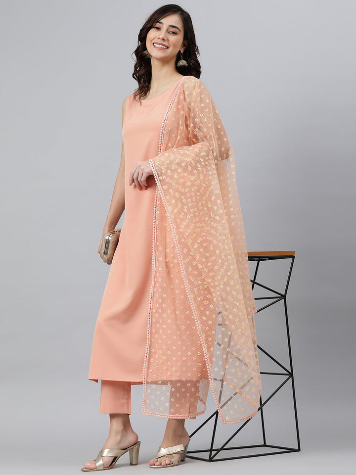Peach Poly Crepe Solid Kurta Set