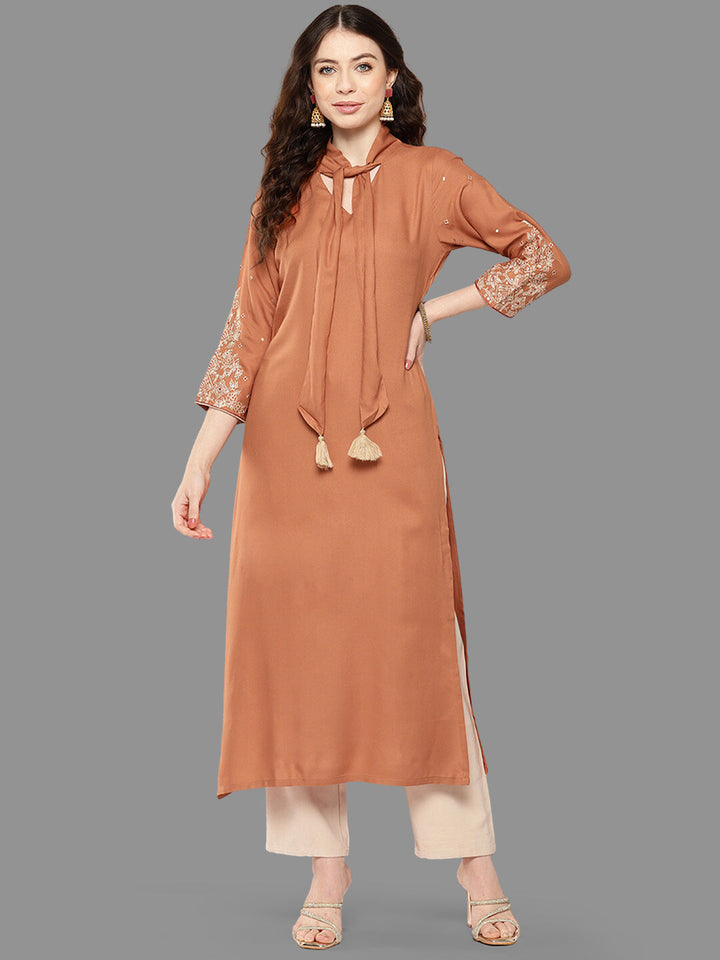 Peach Rayon Solid Straight Kurta