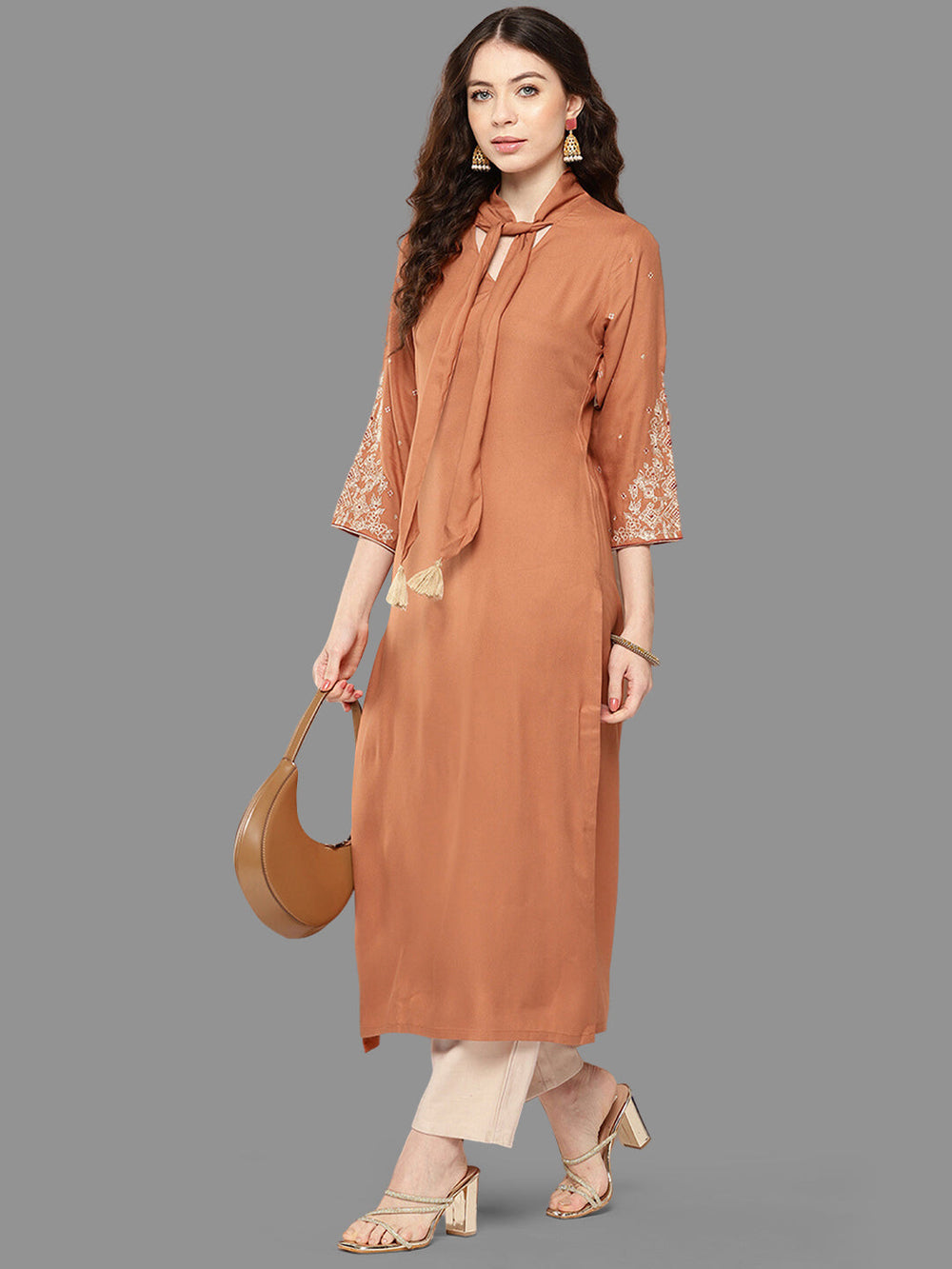 Peach Rayon Solid Straight Kurta