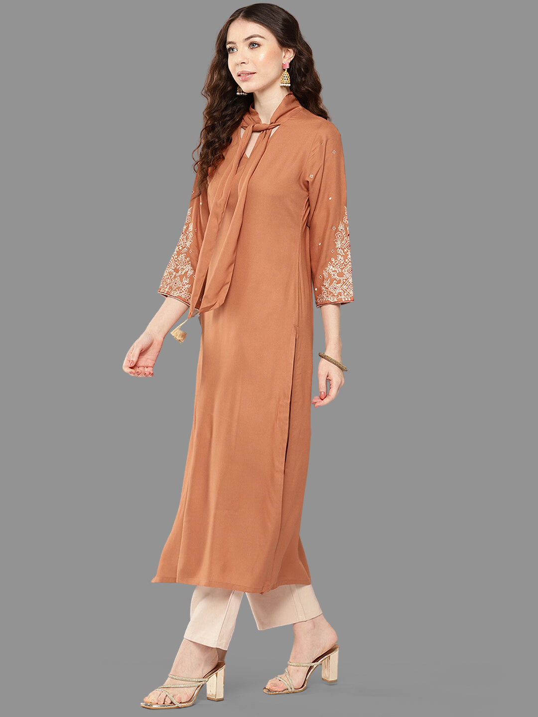 Peach Rayon Solid Straight Kurta