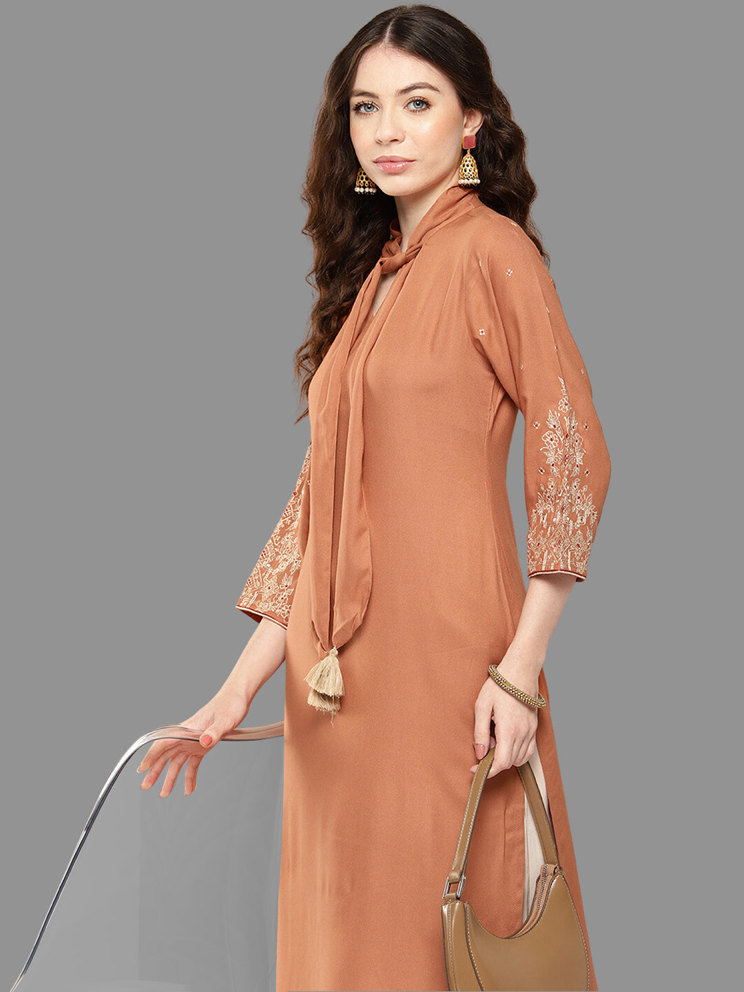 Peach Rayon Solid Straight Kurta