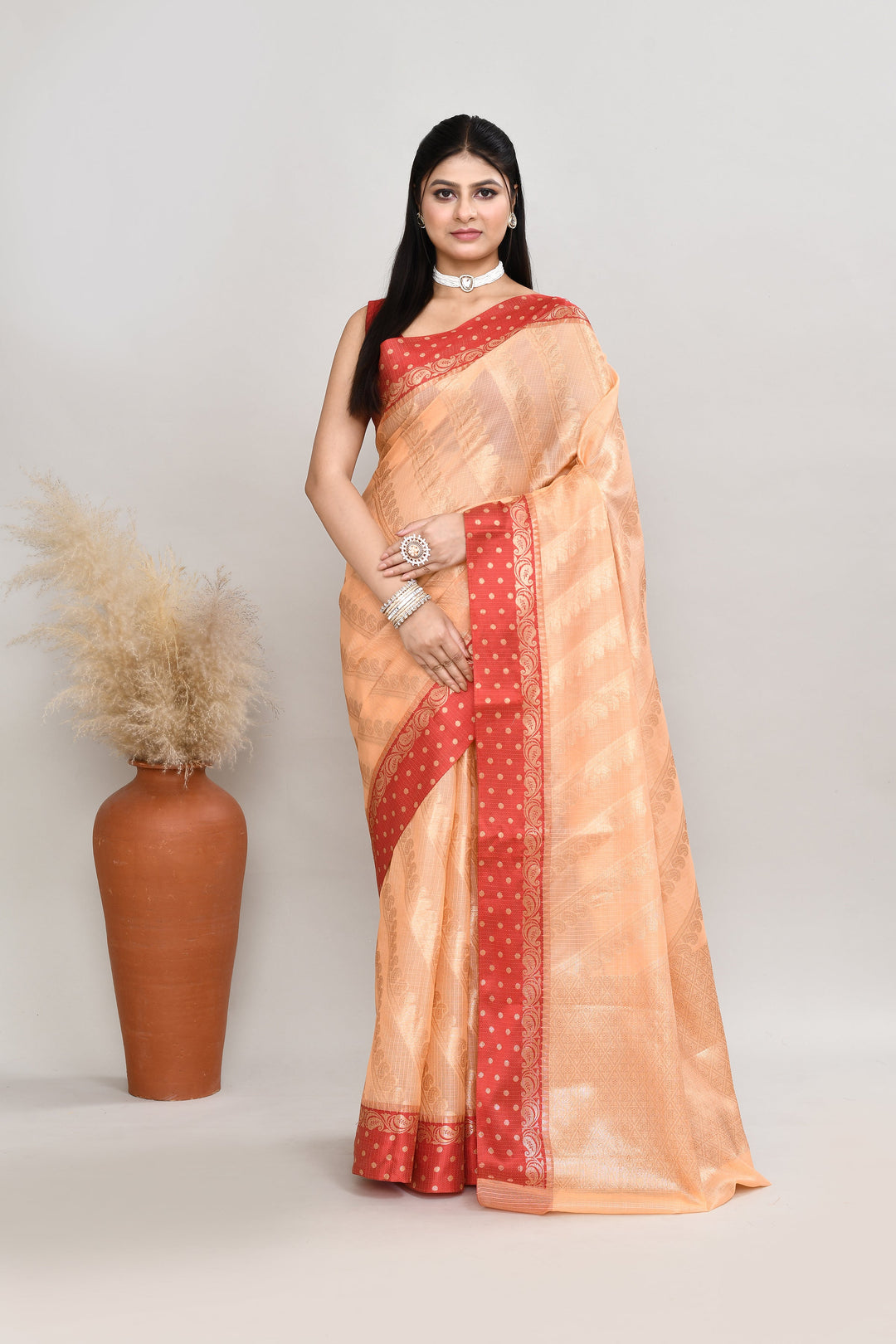 Peach-&-Red-Kota-Silk-Banarasi-Zari-Work-Saree