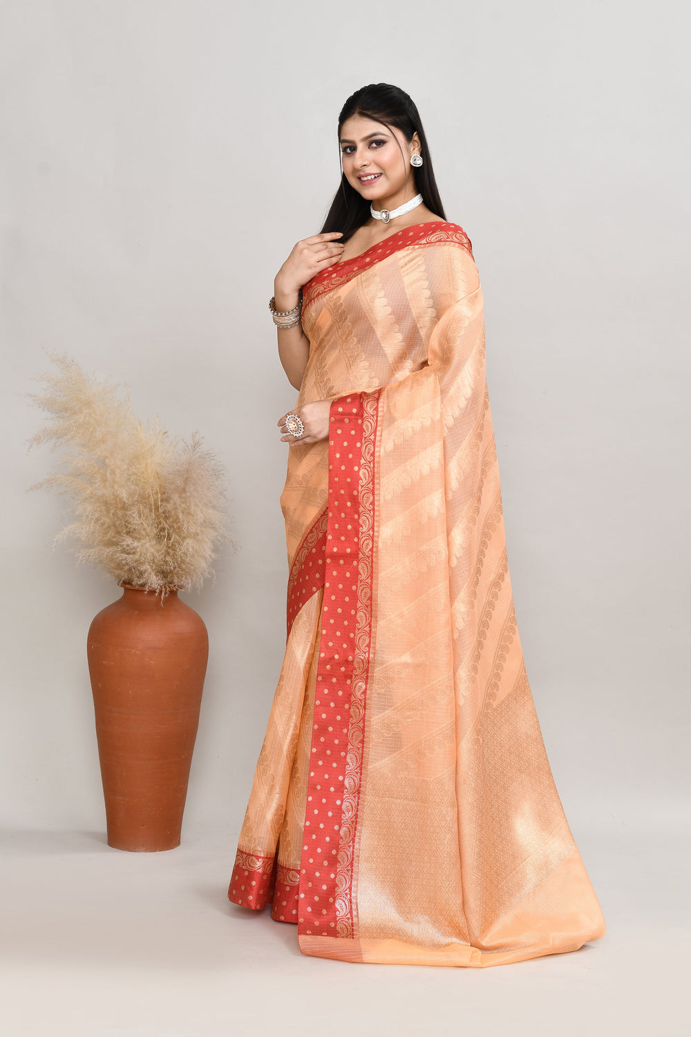Peach-&-Red-Kota-Silk-Banarasi-Zari-Work-Saree